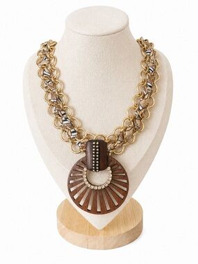 1946 Brand Wood Statement Necklace Gold Tone Mixed Media Boho